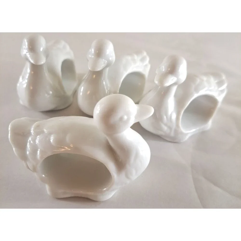 Vintage Duck Napkin Rings White Ceramic Geese Set of 4 Retro Kitsch Japan